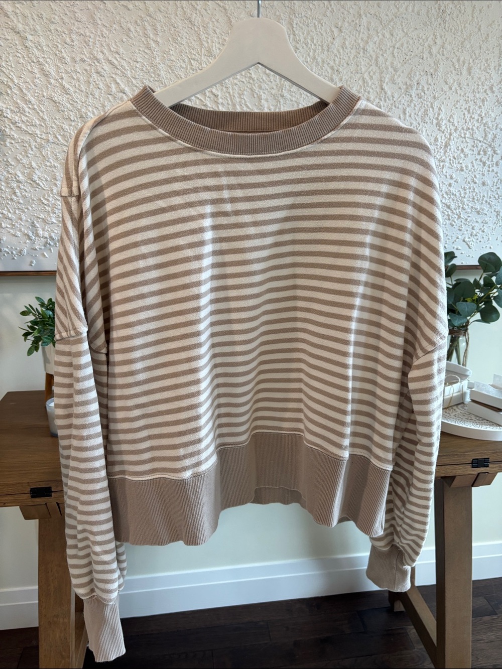 aerie Beige and Cream Striped Crewneck Sweatshirt